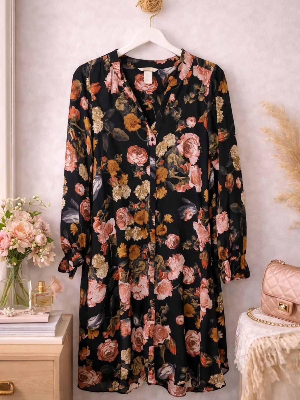 H&M Floral Tunic Dress Black Button Front Long Sleeve Pockets